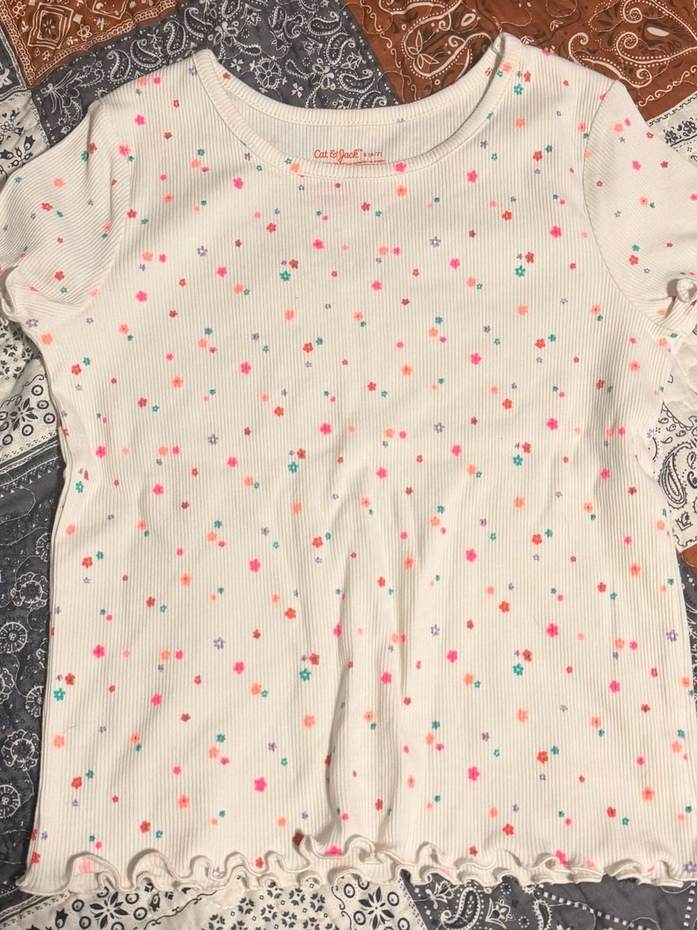 Cat & Jack Girls Size S 6 7 Short Sleeve Shirt White with Dots